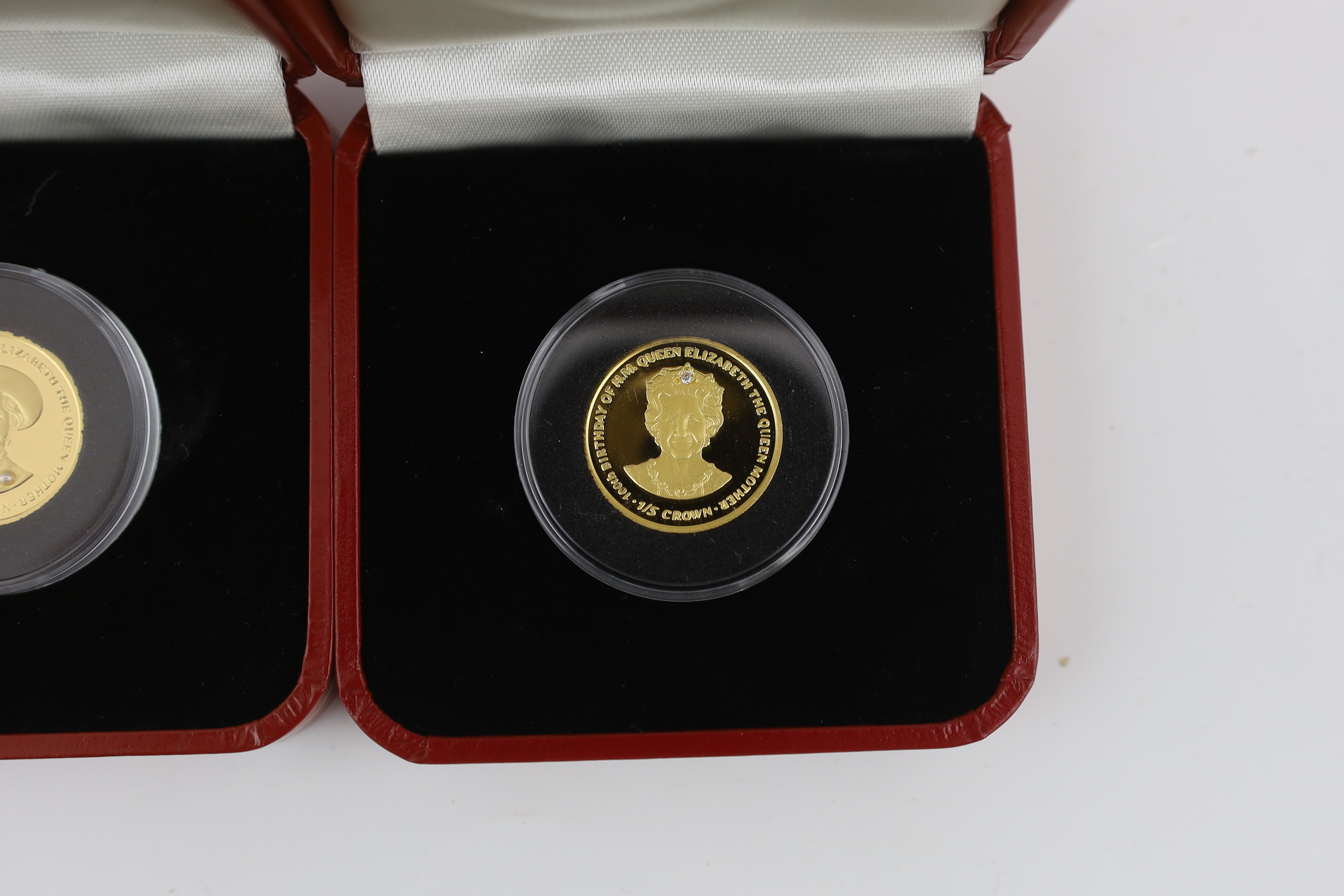 Gold coins - Two Pobjoy mint Isle of Man proof gold 1/5 crown coins, each 6.22g, 999.9/1000 purity